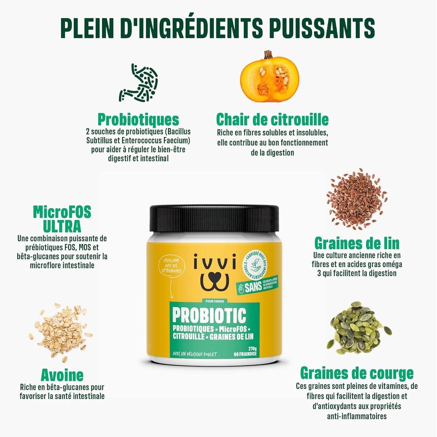 Ivvi - Probiotic - Complément Alimentaire Pour Chien, Bien -Etre Digestif - Probiotiques, Citrouille, Avoine, Graines De Lin Et De Courge - 60 Délicieuses Friandises Au Poulet, 270G