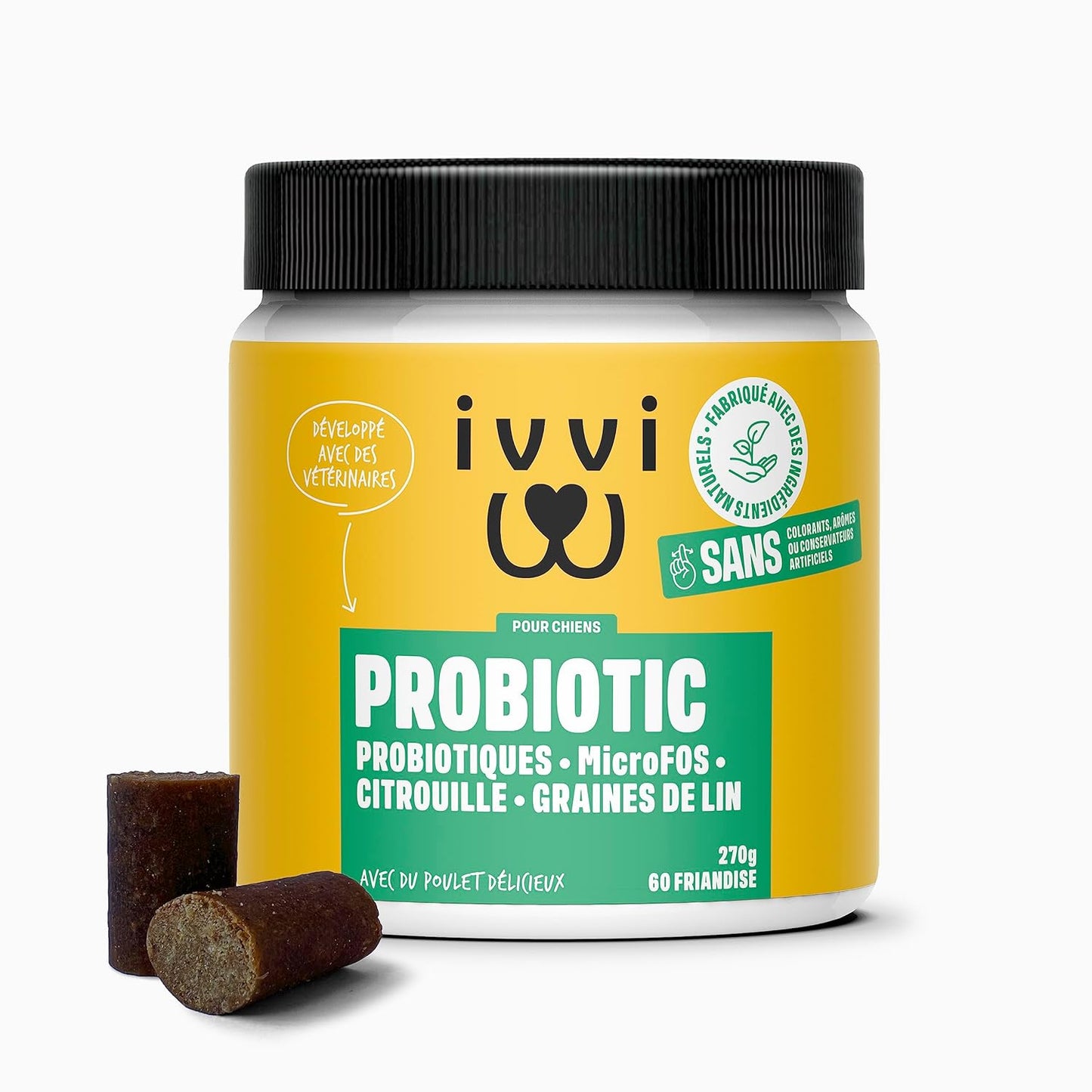 Ivvi - Probiotic - Complément Alimentaire Pour Chien, Bien -Etre Digestif - Probiotiques, Citrouille, Avoine, Graines De Lin Et De Courge - 60 Délicieuses Friandises Au Poulet, 270G