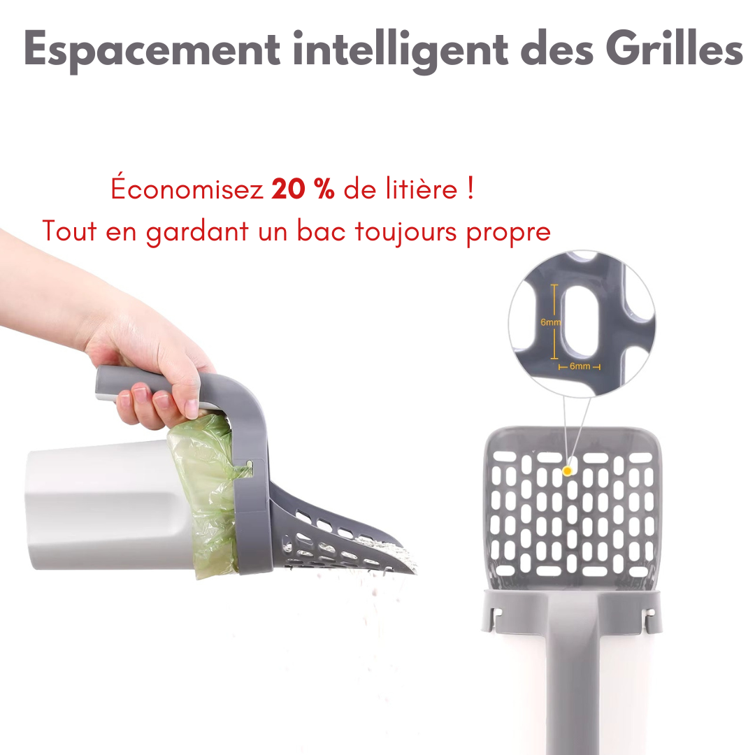 Pelle à litière innovante avec distributeur de sacs intégré. Permet un nettoyage rapide, sans toucher directement les déchets. Parfaite pour maintenir une litière propre et hygiénique au quotidien.